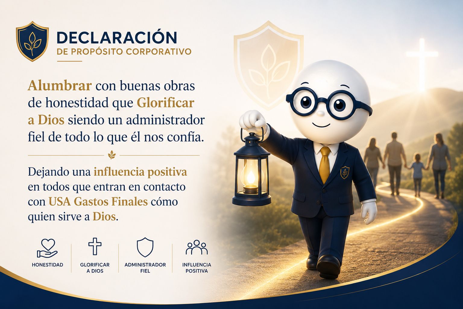 Declaración de Propósito Corporativo de USA Gastos Finales con Kairos Ai sosteniendo una lámpara, junto al pasaje: Alumbrar con buenas obras de honestidad para glorificar a Dios siendo un administrador fiel.